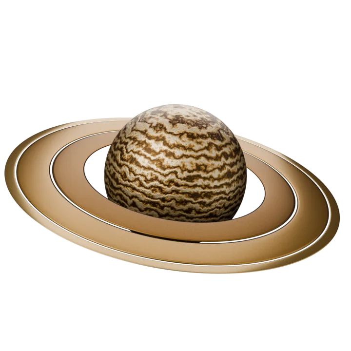 A ringed gas giant in bronze, its banded globe encircled by a wide ring plane