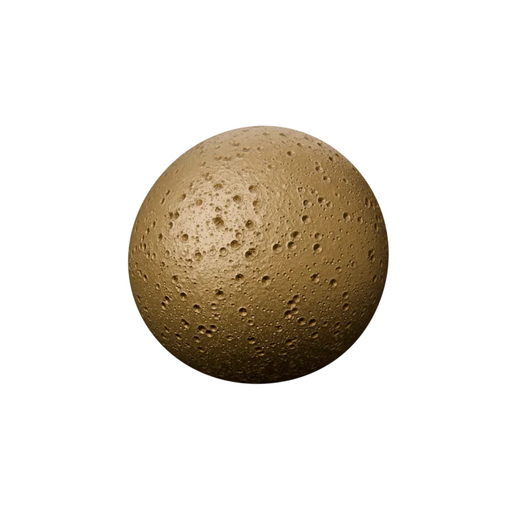 A cratered bronze moon, lit from one side so a terminator falls across it