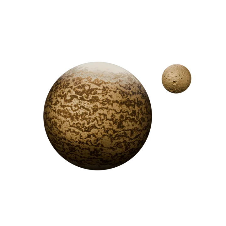 A bronze world with pale polar ice and a small cratered moon beside it
