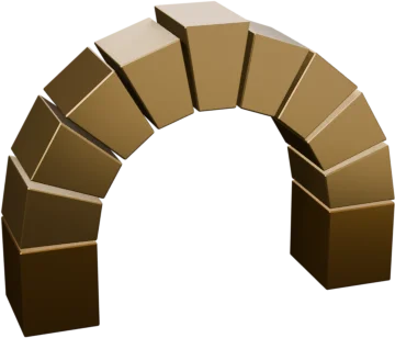 A bronze semicircular arch of nine wedge-shaped stones on two short piers, seen three quarter