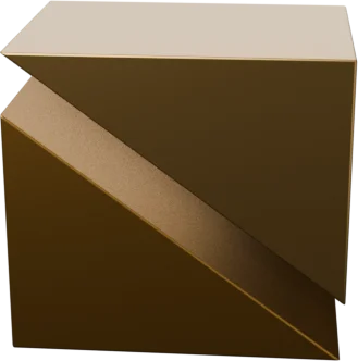A bronze block split on a clean diagonal, the two halves drawn apart so both cut faces show