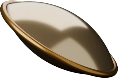A biconvex bronze lens in a mount, seen almost edge on so both curved faces are in profile