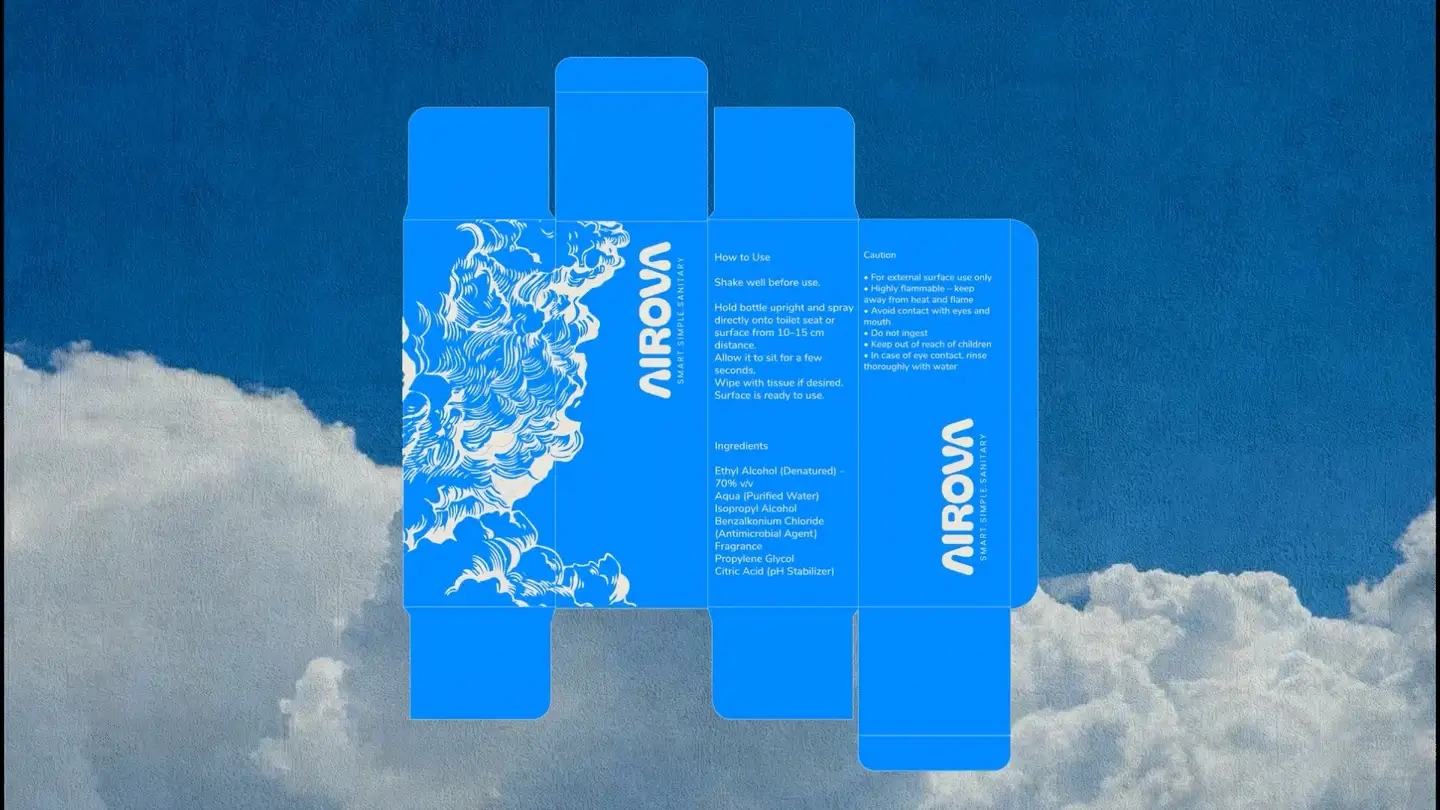 The carton dieline, drawn flat and unfolded over cloud, with the wave illustration, the directions for use and the ingredient list in position