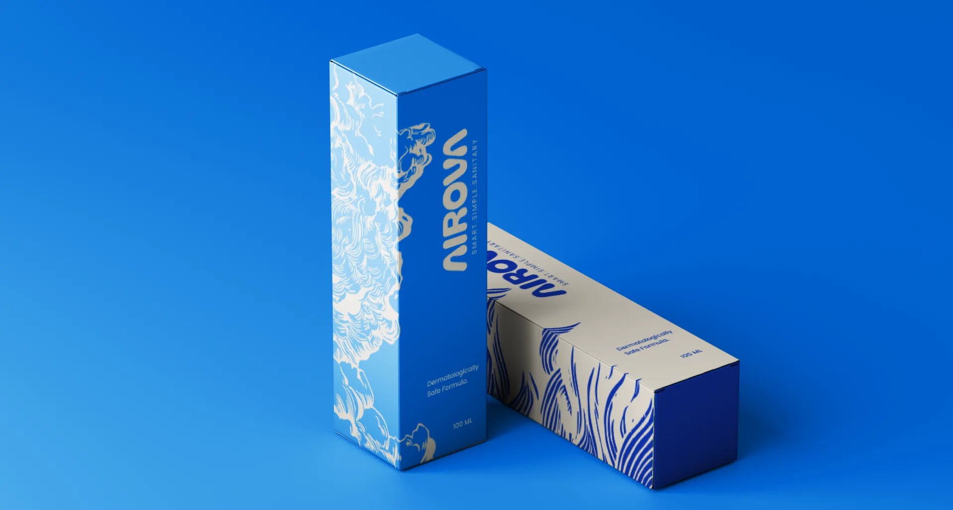 Two Airova cartons on cyan, one standing and one laid down, showing the blue and the cream colourways