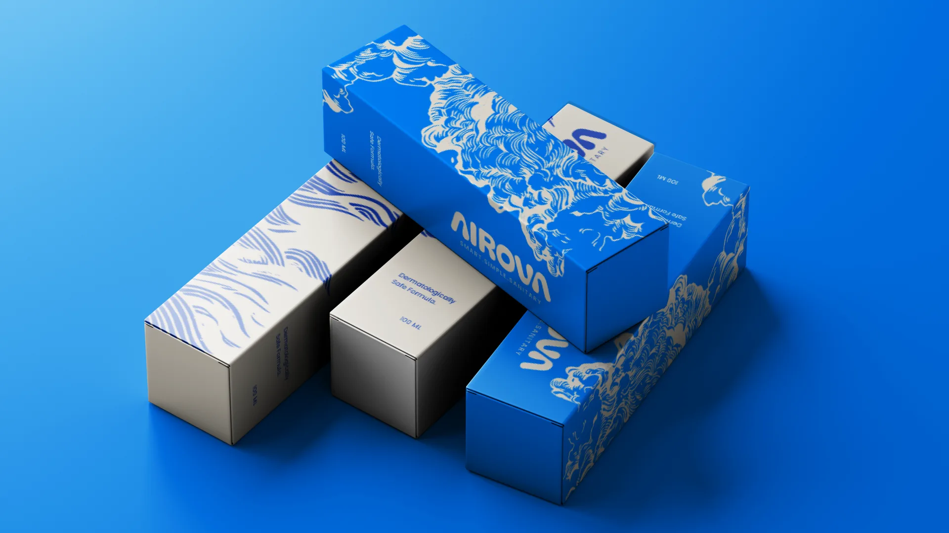 Five Airova cartons stacked on cyan, seen from above at an angle