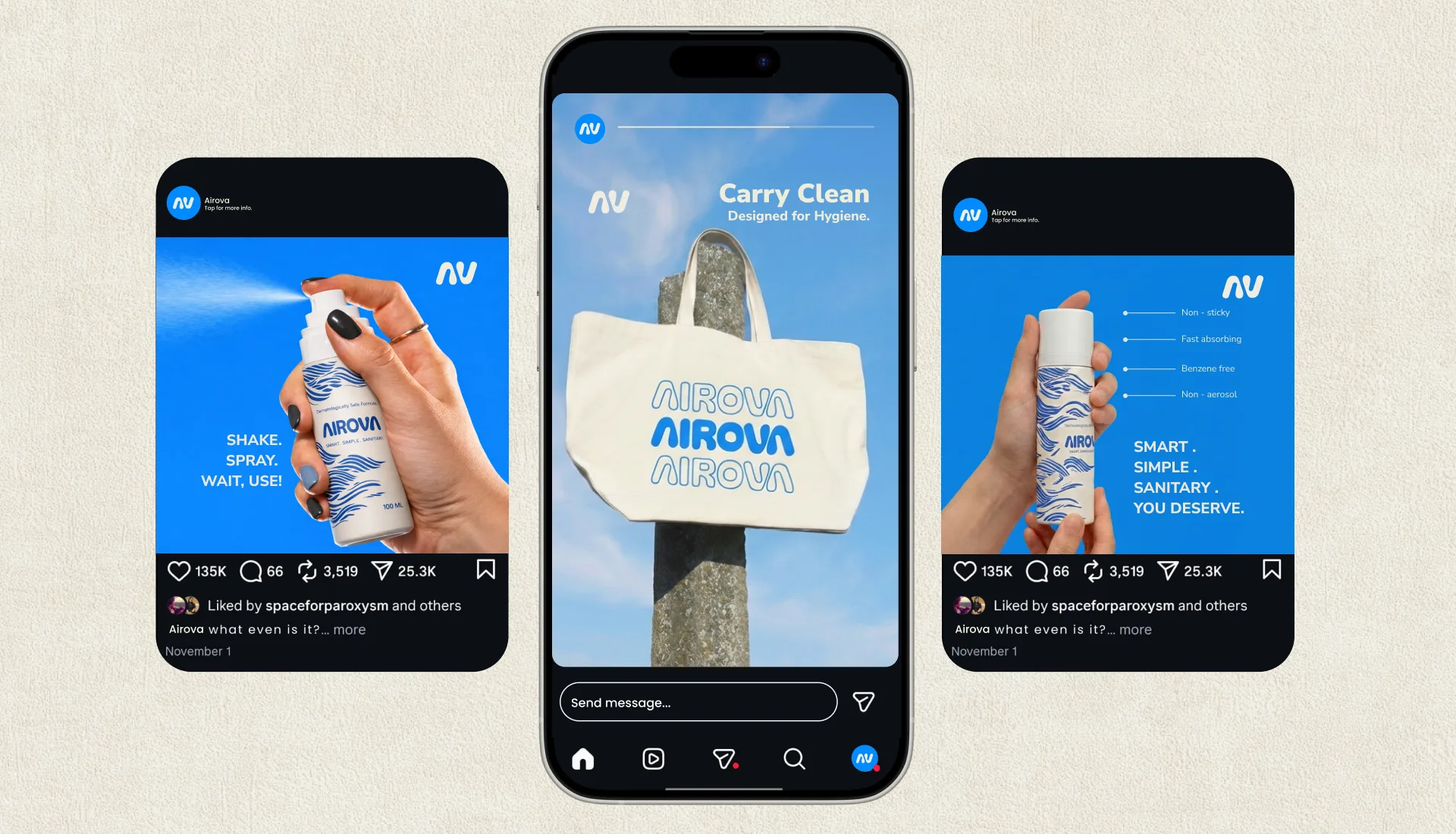 Three phone screens of the Airova social feed, with the campaign posts and the tote bag photograph