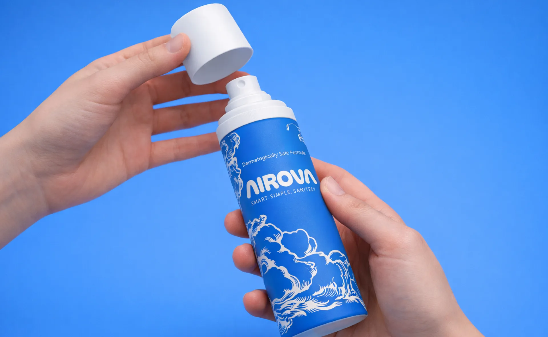 Two hands lifting the cap off the wave-patterned Airova bottle against cyan