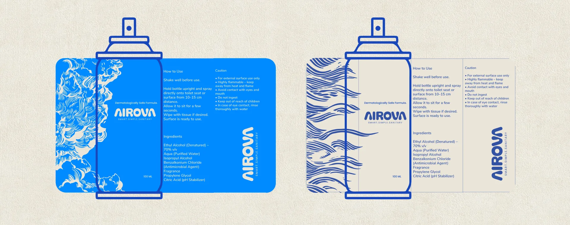 The bottle label artwork in both colourways, cyan with cream linework and cream with blue linework, drawn flat