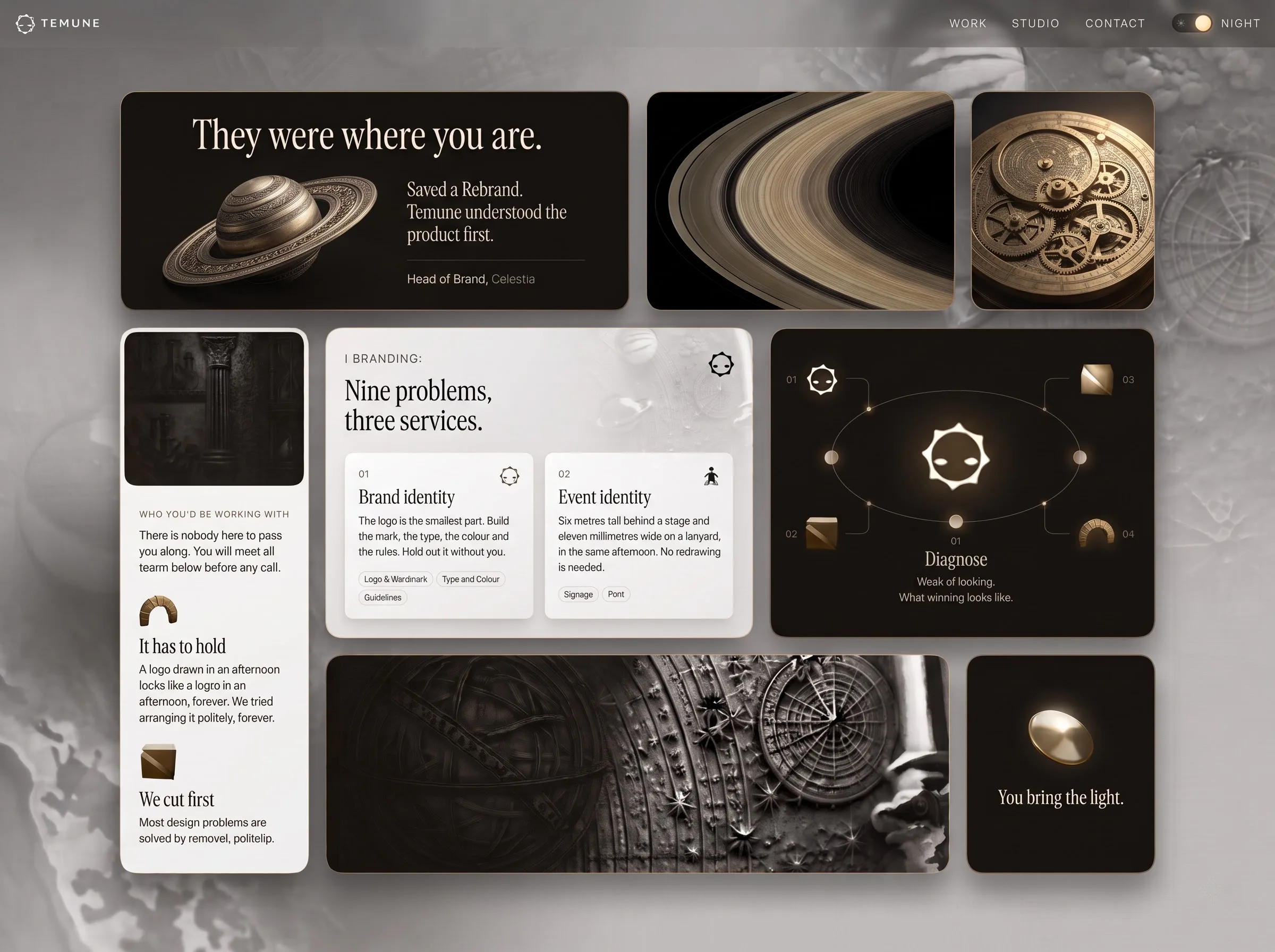 The Temune site as a set of panels: a client testimonial over a bronze ringed planet, the branding services card reading nine problems, three services, the three rules, and the orrery that carries the four stages