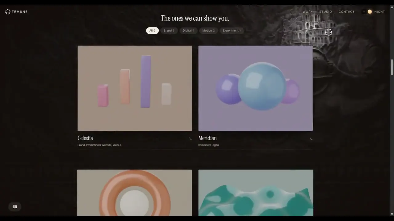 A scroll through temune.com, from the ten seconds headline in the day palette down through the services and into the night palette and the work grid