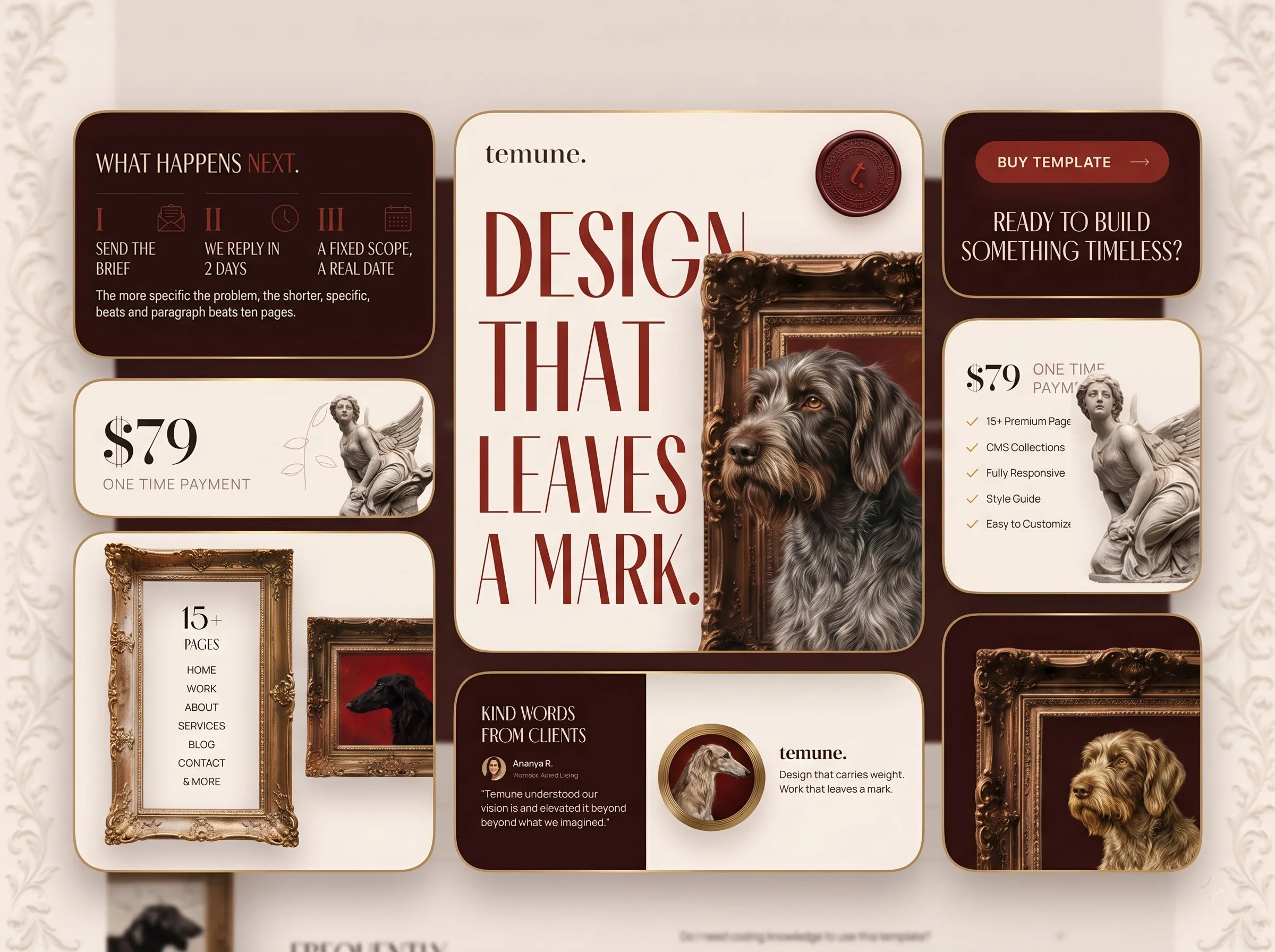 The Studio template as a set of panels: the headline design that leaves a mark beside an oil-painted dog in a gilt frame, the $79 one-time payment card, the fifteen plus pages list and the client words section