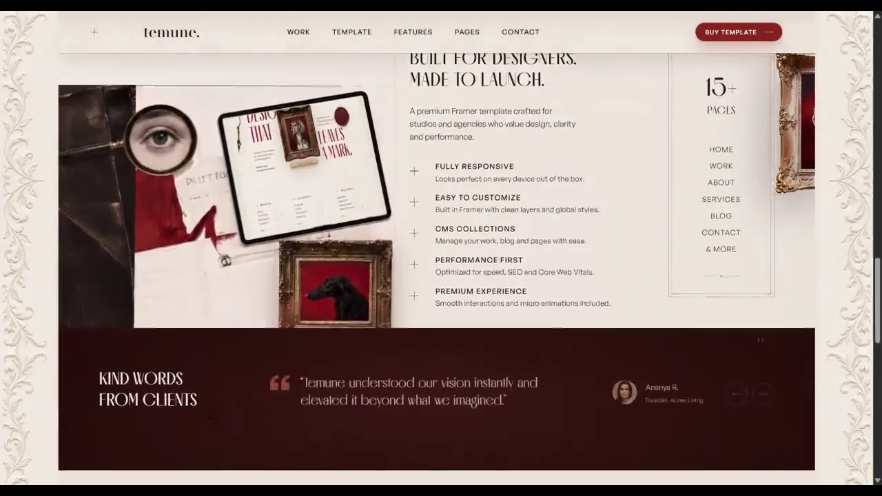 A scroll through studio.temune.com, from the gilt-framed headline through the marquee, the client words and the wax seal