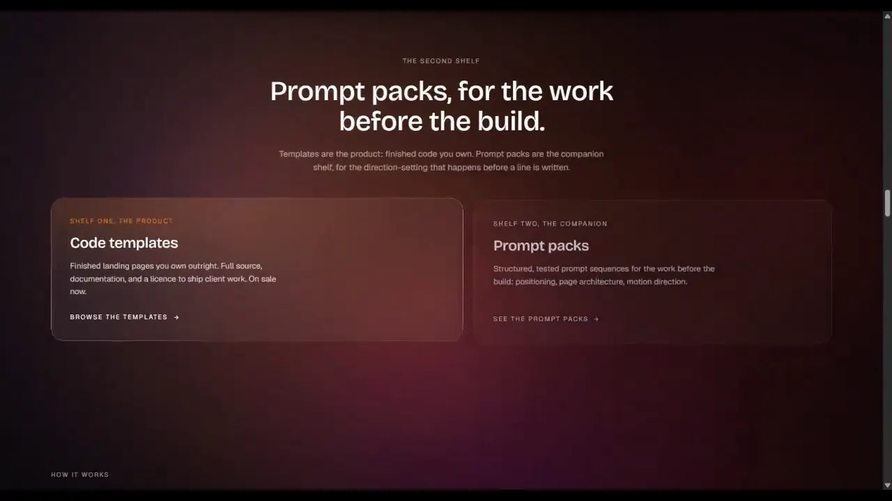 A scroll through flux.temune.com, from the shipped as code headline through the pinned run of six templates to the line templates, not starter kits