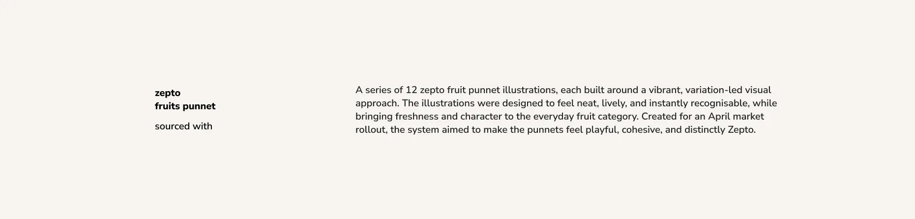 Introduction: zepto fruits punnet, sourced with love. A series of 12 fruit punnet illustrations built around a vibrant, variation-led approach for an April market rollout