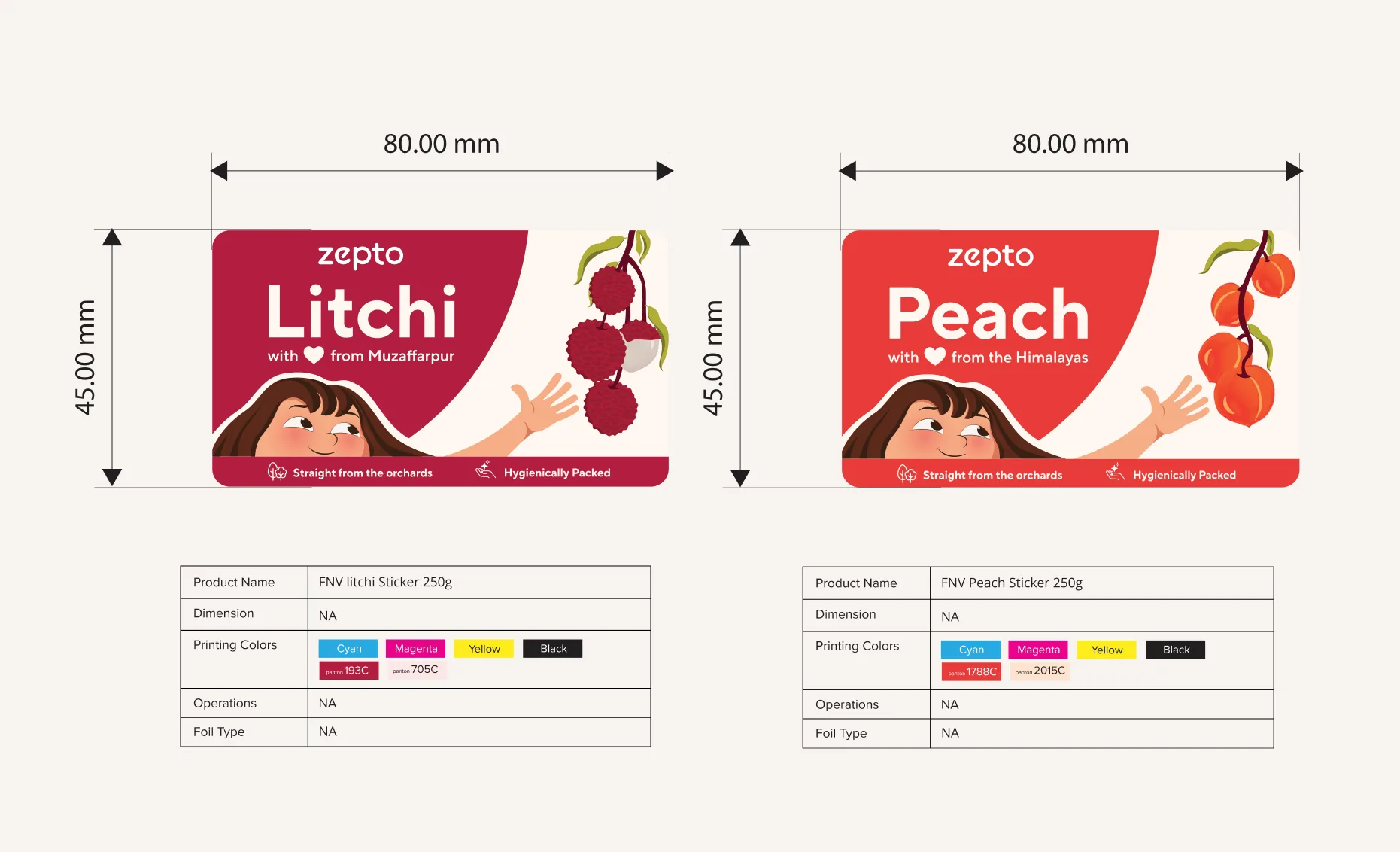 Print specification for the Litchi and Peach stickers, each 80 by 45 millimetres, with the CMYK build and two Pantone spot colours listed for each label