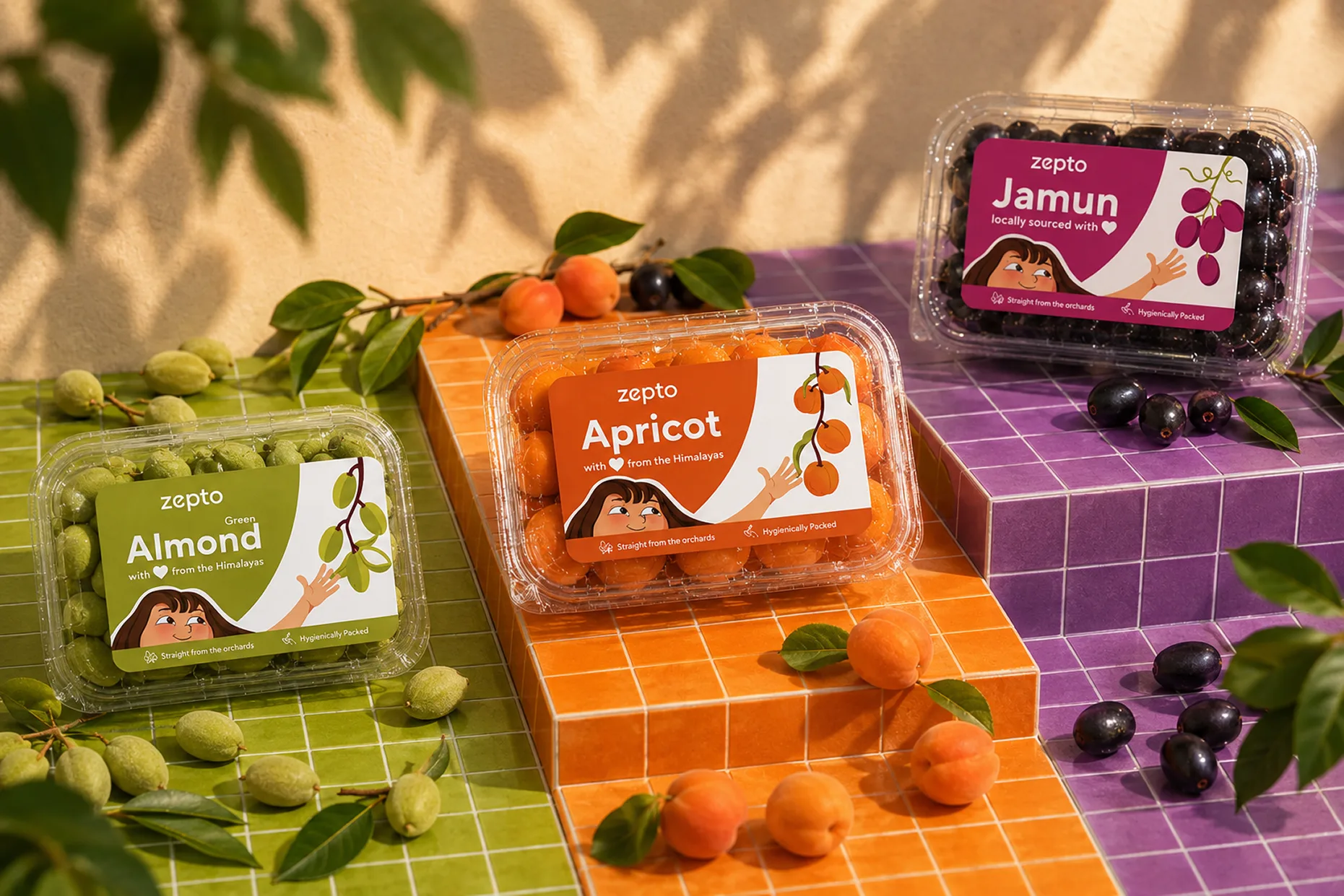 Green Almond, Apricot and Jamun punnets on olive, orange and purple tiled blocks in daylight, loose fruit around them