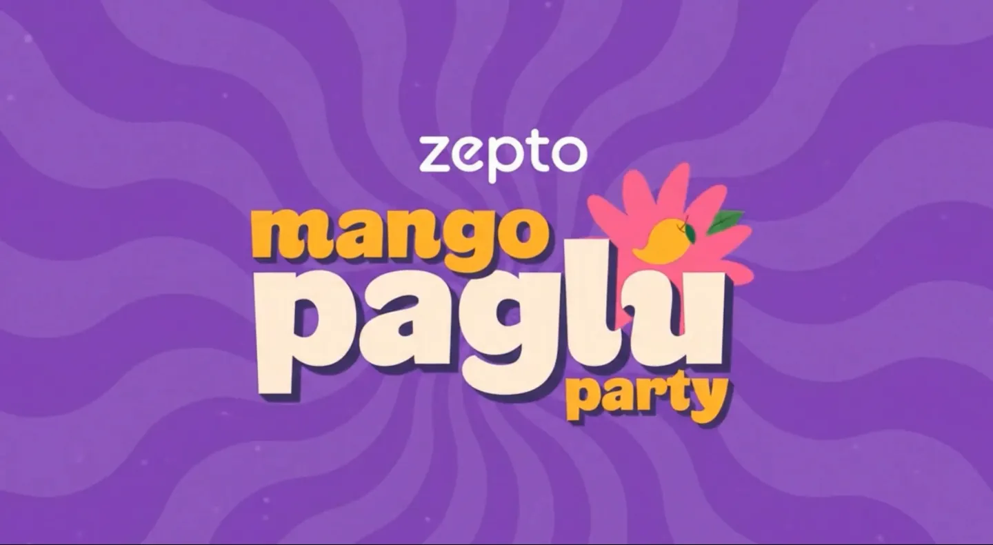 The announcement film settling on the Mango Paglu Party lockup - the Zepto wordmark over mango in orange and paglu in cream, a mango sitting inside a pink flower beside it, on a slowly turning purple swirl