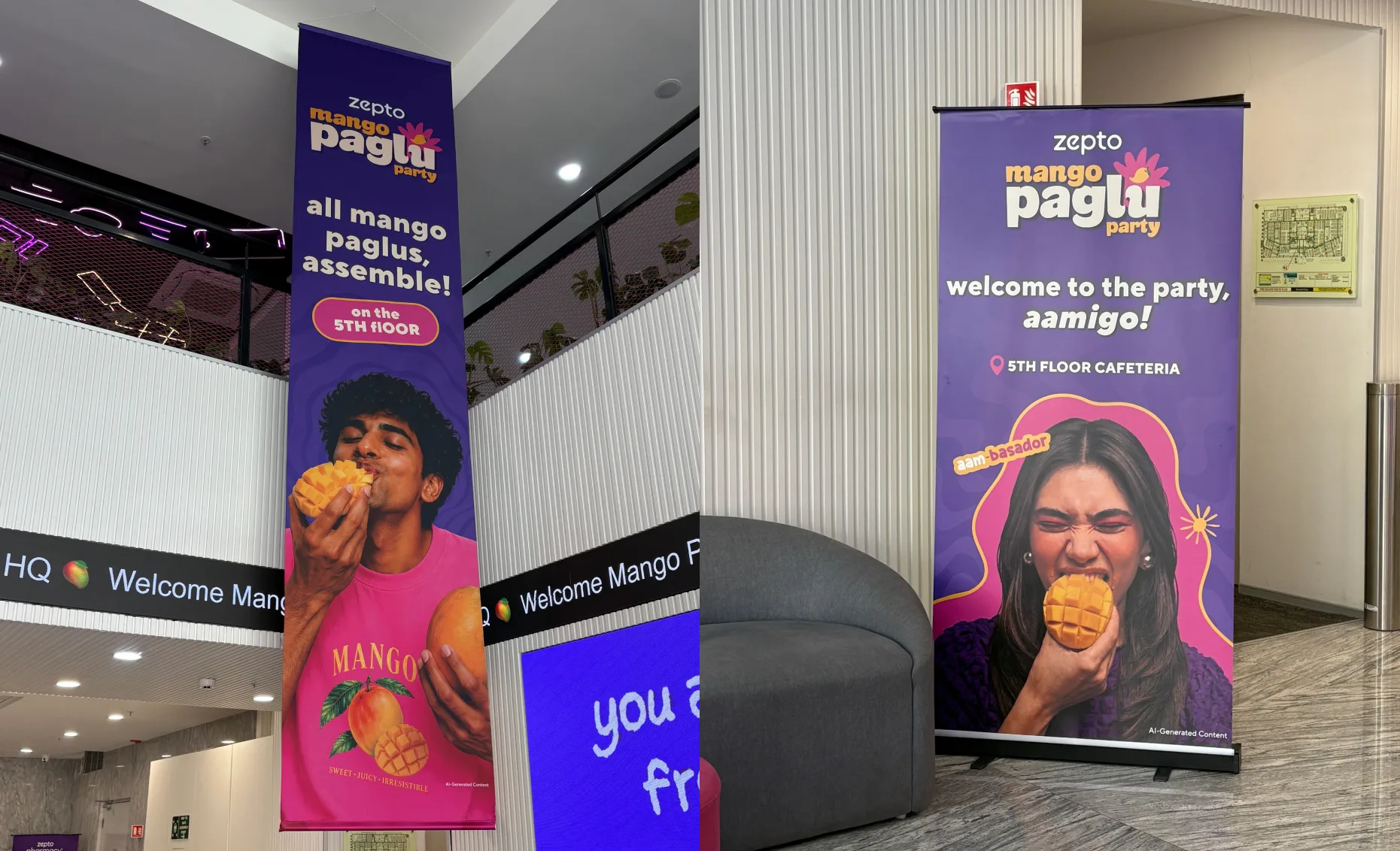 Two roll-up standees: all mango paglus, assemble, on the 5th floor, and welcome to the party, aamigo, 5th floor cafeteria, with an aam-basador badge across the portrait