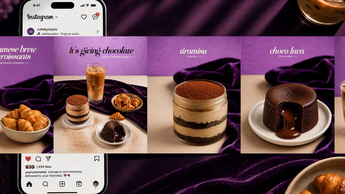 The Cafe by Zepto chocolate carousel scrolling in the feed on a phone - it's giving chocolate, then a tiramisu jar, a choco lava cake cut open and running, and an iced vietnamese brew beside a bowl of mini croissants, sliding past on purple velvet