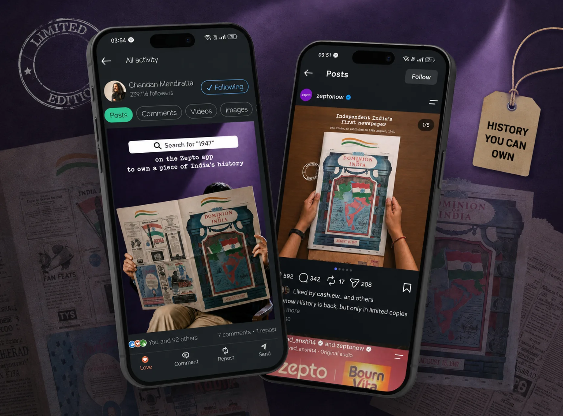 The campaign in feed: a creator's post holding the newspaper on one phone, the zeptonow Instagram carousel on another captioned history is back, but only in limited copies, a limited edition rubber stamp and a luggage tag reading history you can own, and the reprint's pages spread across the purple background behind both phones