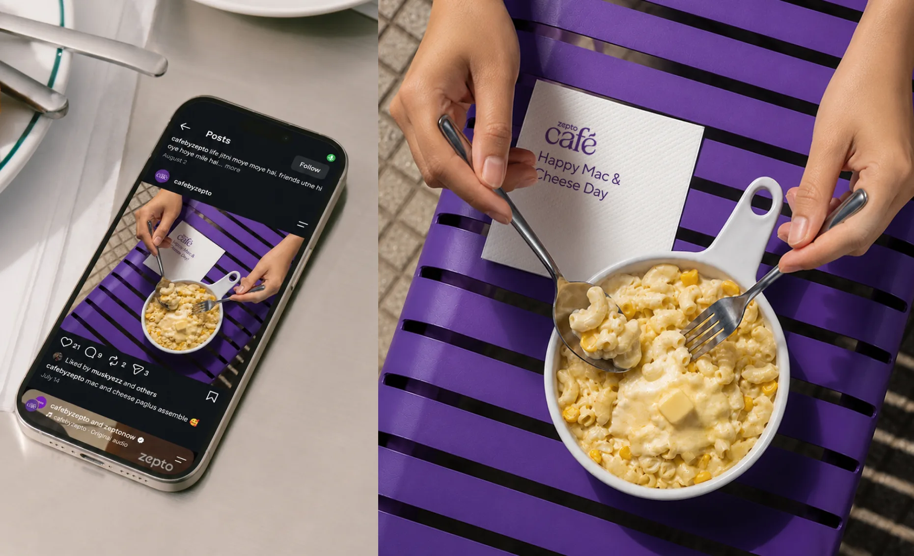Mac and Cheese Day for Cafe by Zepto: the post open on a phone lying on a restaurant table, captioned mac and cheese paglus assemble, beside the shot itself - two hands with a spoon and a fork over a white pan of macaroni and sweetcorn on a purple slatted table, a napkin behind it reading Happy Mac & Cheese Day
