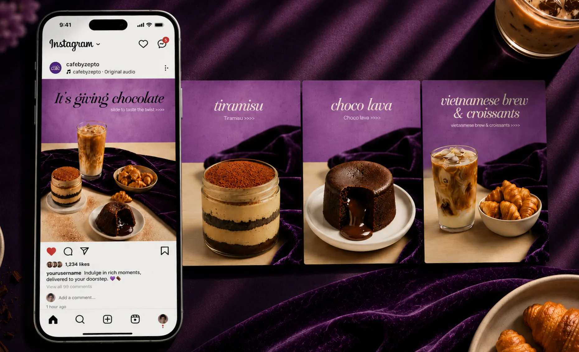 Chocolate Day for Cafe by Zepto: the carousel open on a phone under the line it's giving chocolate, slide to taste the twist, and the three slides that follow standing on purple velvet beside it - tiramisu, choco lava, and vietnamese brew & croissants