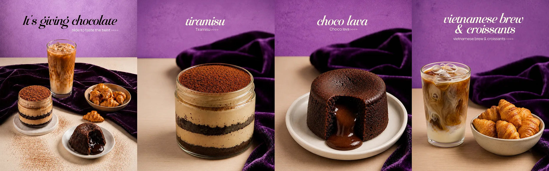 The four Chocolate Day slides laid flat on purple velvet: the full spread under it's giving chocolate, then a tiramisu jar, a choco lava cake cut open and running, and an iced vietnamese brew beside a bowl of mini croissants