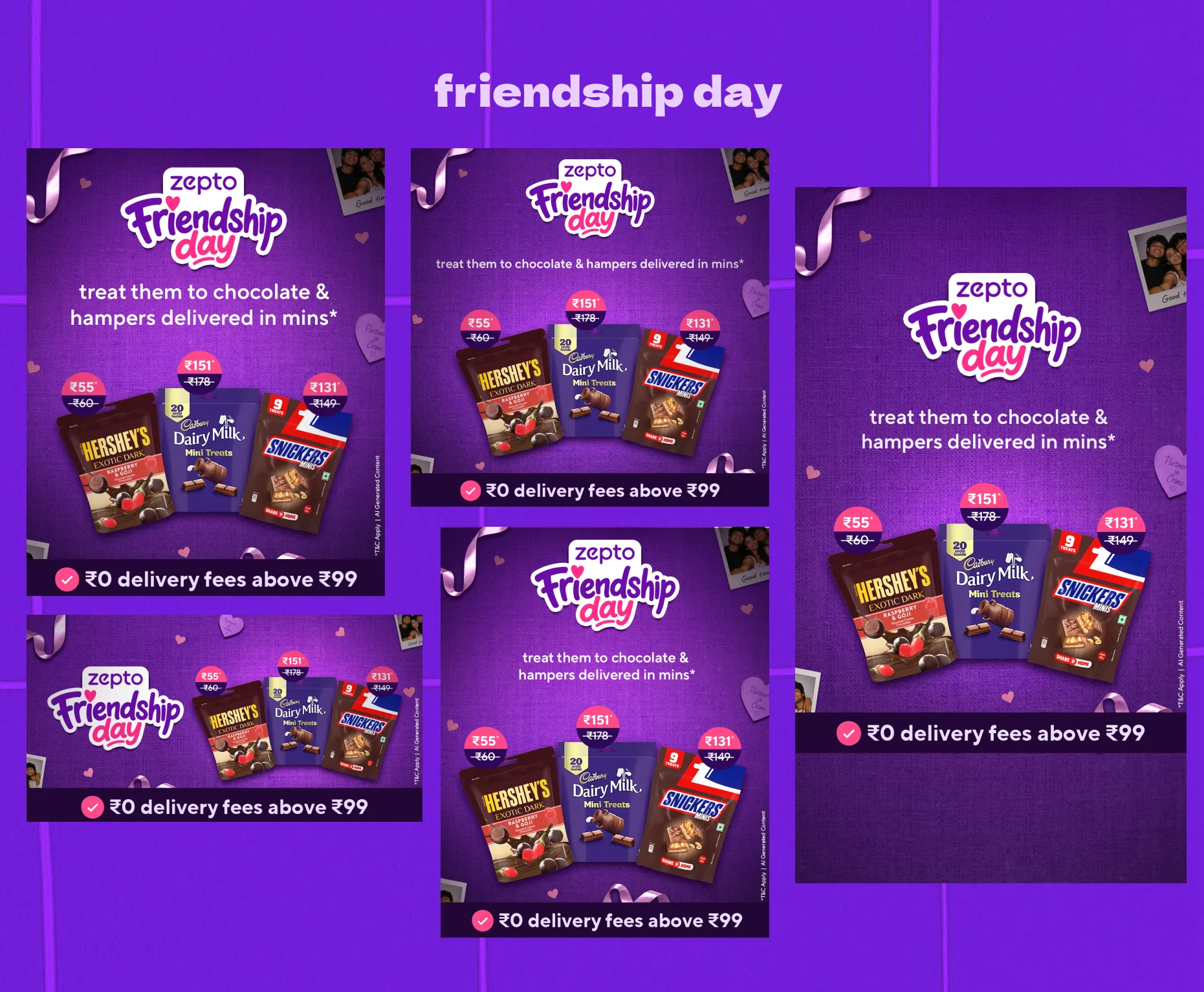 Friendship Day, the same ad built once and cut to five placements - square, landscape, banner, portrait and story. Hershey's Exotic Dark, Cadbury Dairy Milk Mini Treats and Snickers Minis under treat them to chocolate & hampers delivered in mins, struck-through prices in pink and navy roundels, ribbon and polaroids on woven purple, and a bar reading zero rupees delivery fees above ₹99 along the bottom of every size