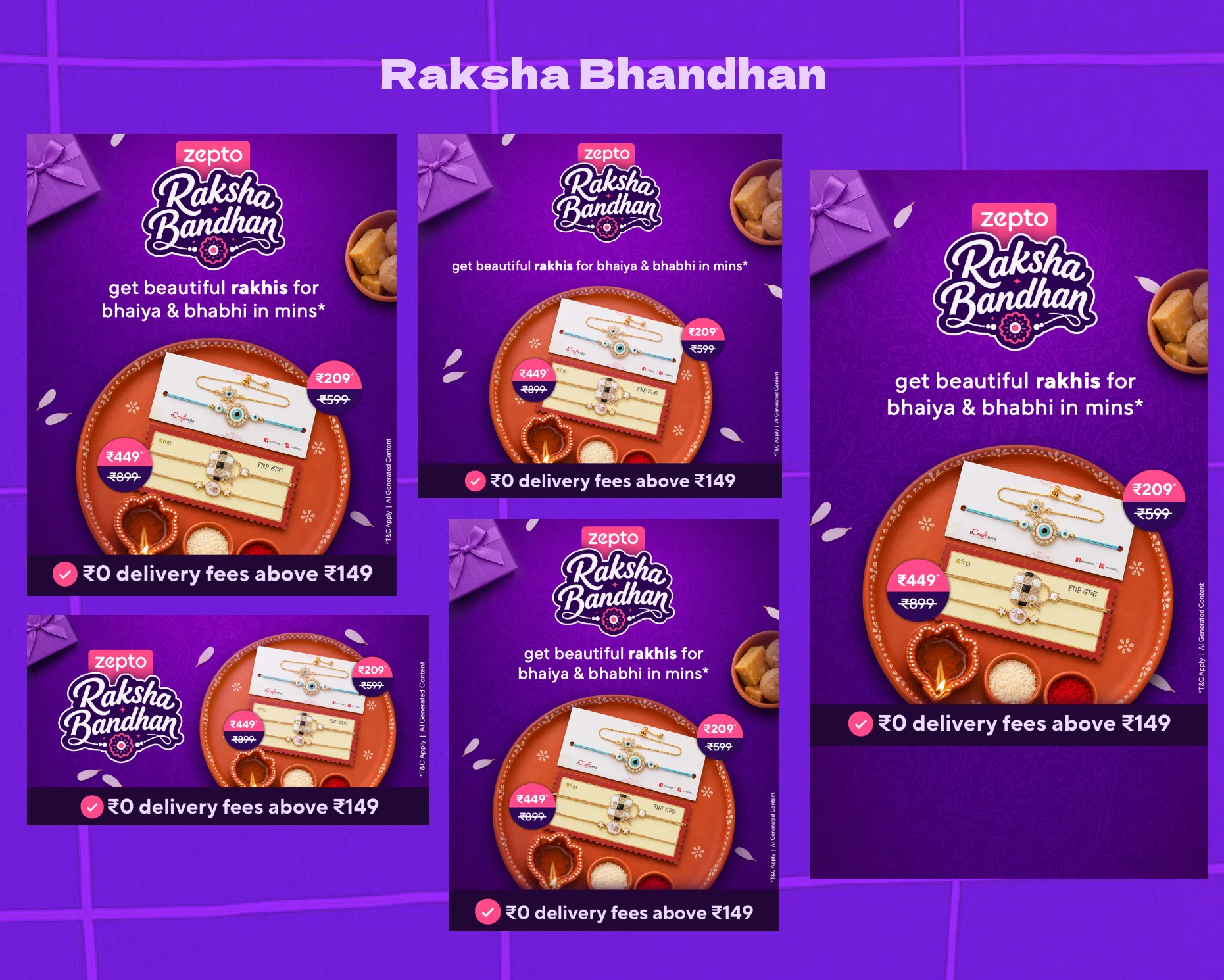 Raksha Bandhan in the same five placements: rakhis on a printed card laid across a terracotta thali with a lit diya and rice, a wrapped gift and a bowl of sweets behind it, under get beautiful rakhis for bhaiya & bhabhi in mins, and zero rupees delivery fees above ₹149 along the bottom