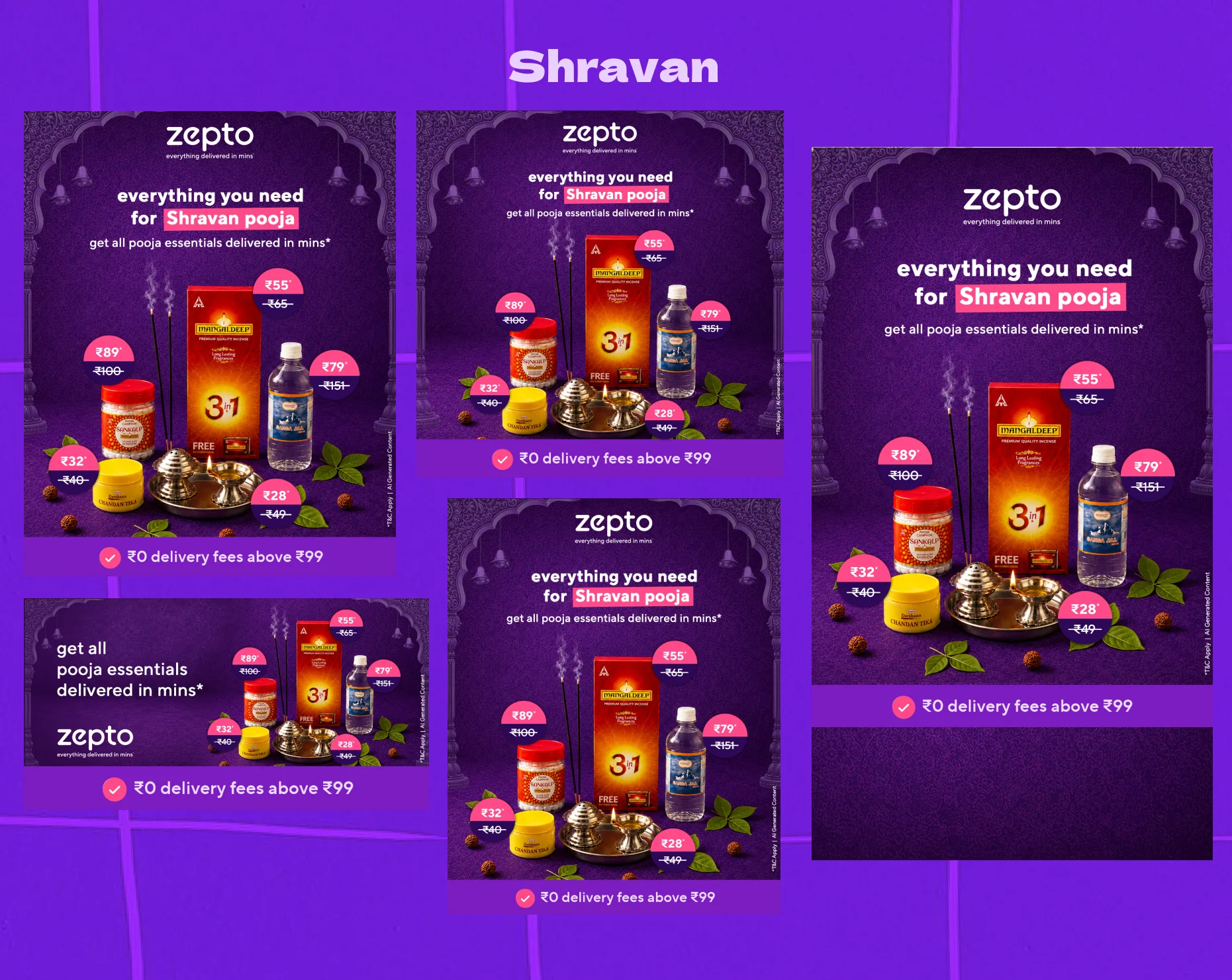 Shravan in the same five placements: incense, a brass diya stand, a Mangaldeep 3-in-1 pack, sindoor and bottled water under everything you need for Shravan pooja, get all pooja essentials delivered in mins, set in a purple carved arch with zero rupees delivery fees above ₹99 along the bottom