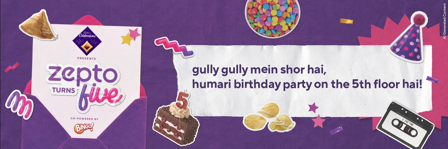 The announcement banner: an open envelope holding the Zepto turns five lockup, presented by Cadbury Celebrations and co-powered by Bingo, beside a torn strip of paper reading gully gully mein shor hai, humari birthday party on the 5th floor hai