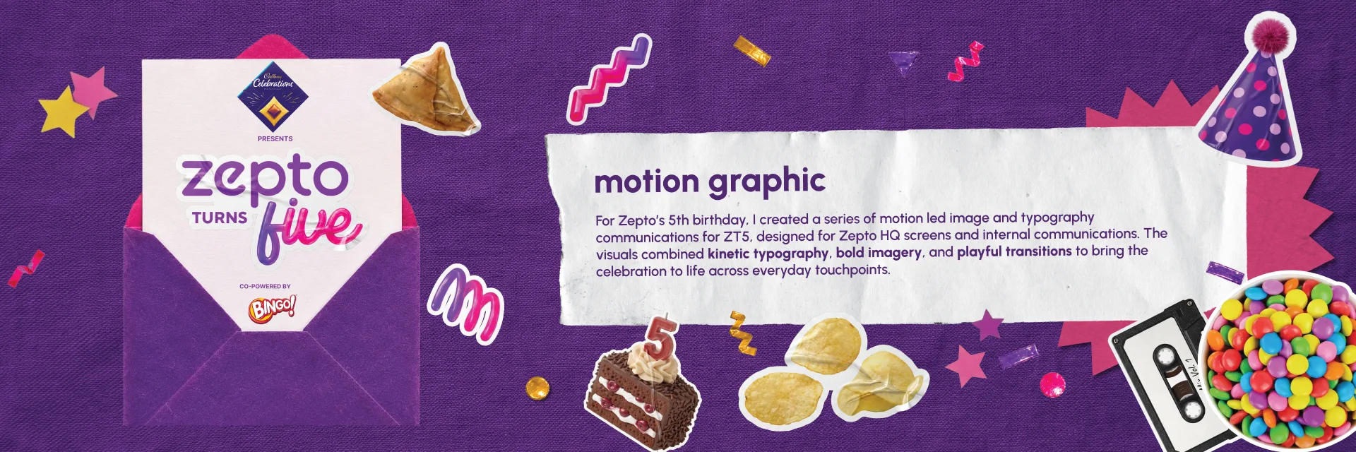 Introduction: motion graphic. A series of motion-led image and typography communications for ZT5, made for Zepto HQ screens and internal communications, combining kinetic typography, bold imagery and playful transitions